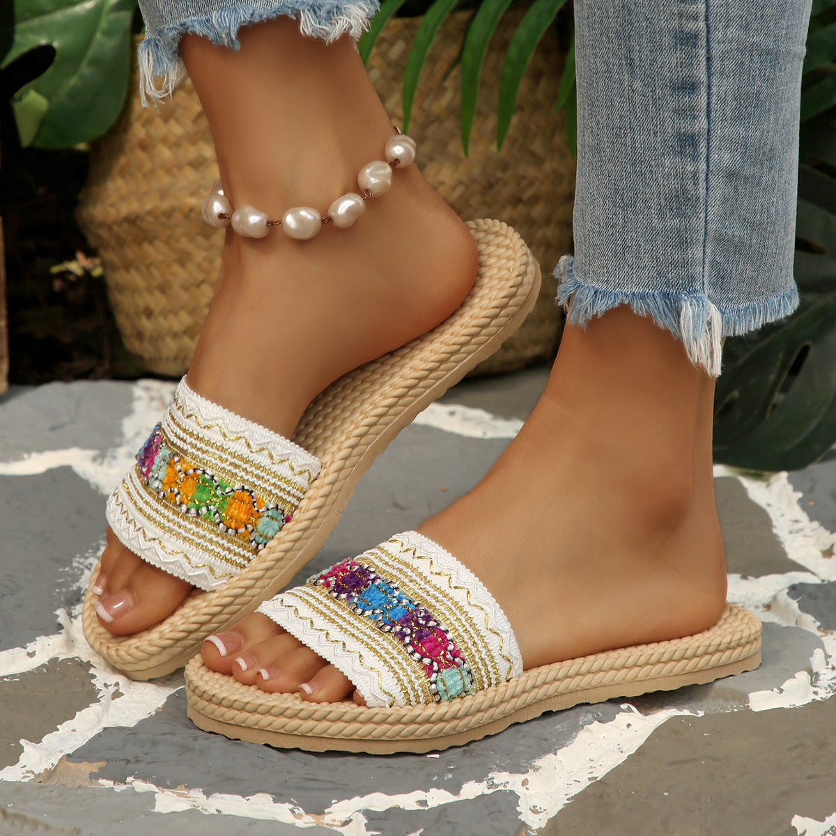 Sandalias Slide Bordadas Estilo Boho